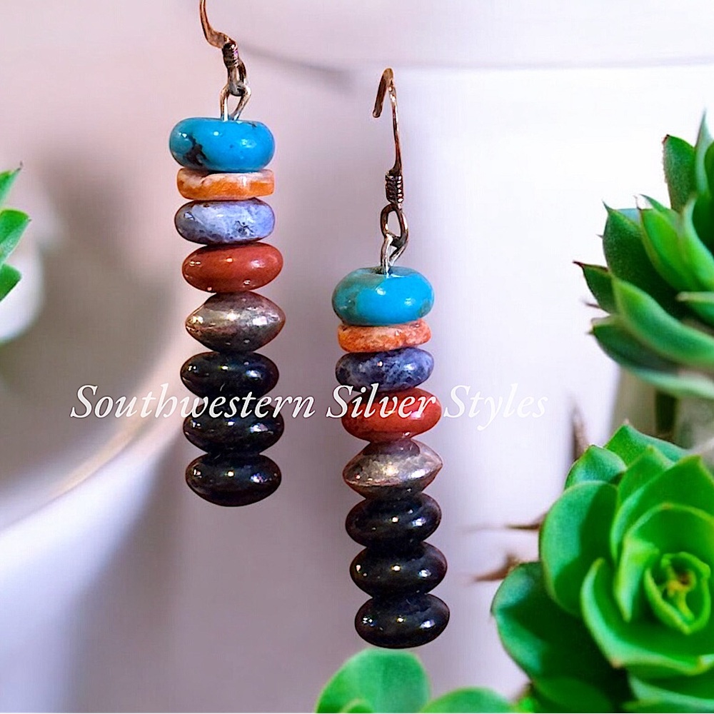 NEW Southwestern Turquoise Desert Jasper Heishi Discs Sterling Silver Earrings